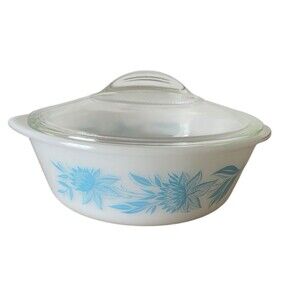 Vintage Glasbake Blue Floral 2 Qt Casserole Dish with Lid J-514 USA READ